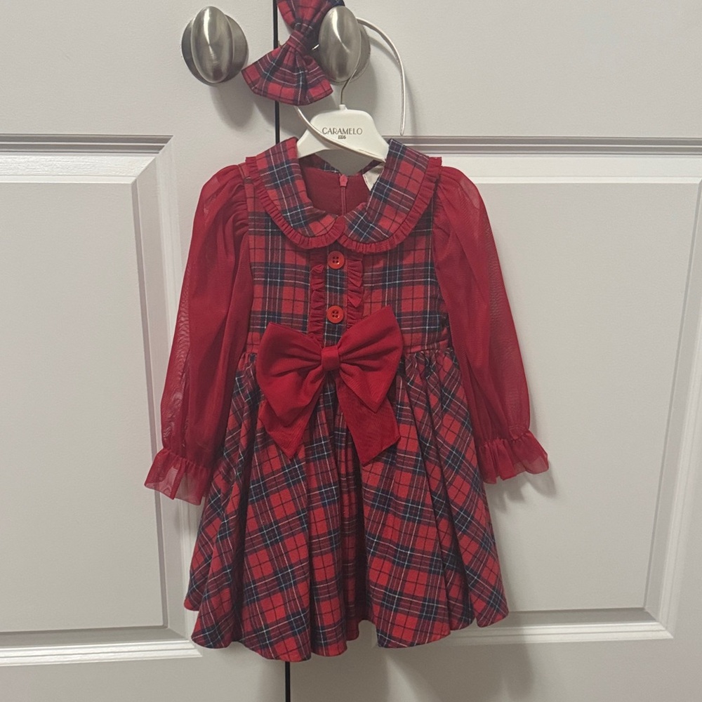 Red Plaid Bow-Front Formal Girls Dress with Sheer Sleeves